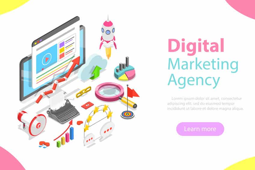 Digital marketing agency flat isometric vector.