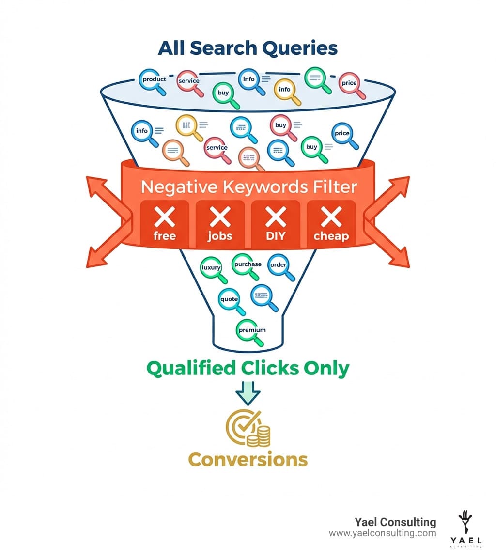 Infographic showing how negative keywords filter search traffic: A funnel diagram with "All Search Queries" at the top, "Negative Keywords Filter" in the middle blocking irrelevant terms like "free," "jobs," "DIY," and "cheap," and "Qualified Clicks Only" at the bottom leading to conversions - negative keywords infographic