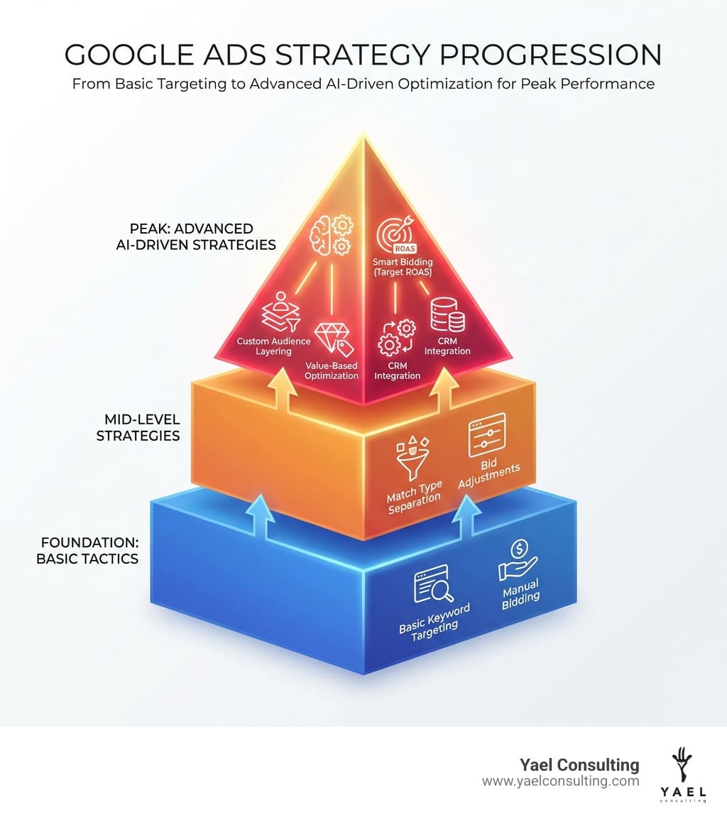 Infographic showing the progression from basic keyword targeting and manual bidding at the foundation, through mid-level tactics like match type separation and bid adjustments, to advanced AI-driven strategies including Smart Bidding with Target ROAS, custom audience layering, value-based optimization, and CRM integration at the peak - Advanced Google Ads strategies infographic