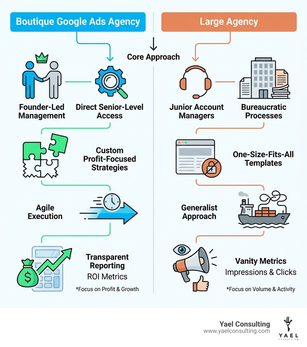 Infographic comparing boutique Google Ads agency approach versus large agency: showing boutique agencies offer founder-led management, custom profit-focused strategies, senior-level direct access, specialized expertise, transparent reporting on ROI metrics, and agile execution; while large agencies often provide junior account managers, one-size-fits-all templates, bureaucratic processes, generalist approach, and focus on vanity metrics like impressions and clicks - Boutique Google Ads agency infographic