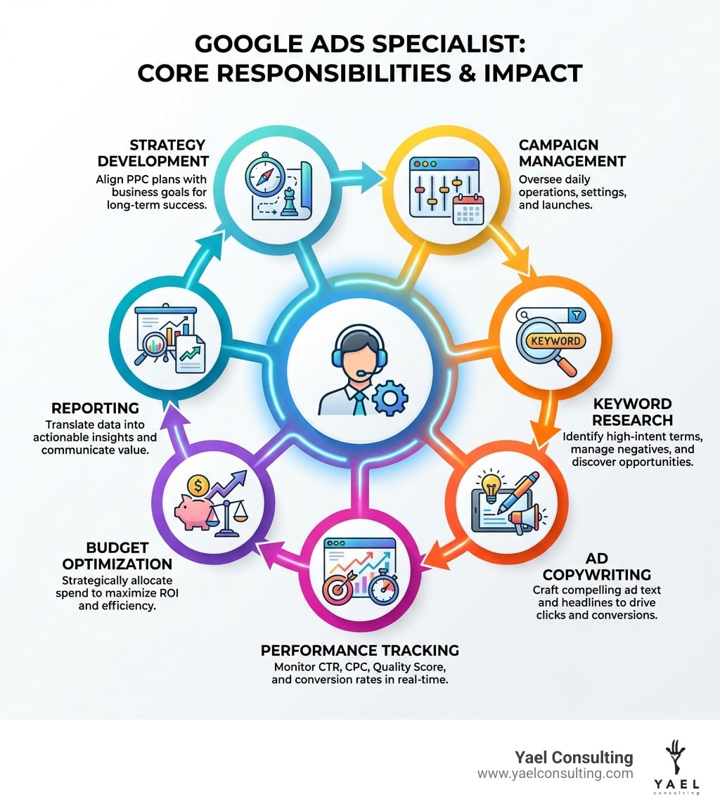 infographic showing google ads specialist core responsibilities including strategy development, campaign management, keyword research, ad copywriting, performance tracking, budget optimization, and reporting - specialist google ads infographic