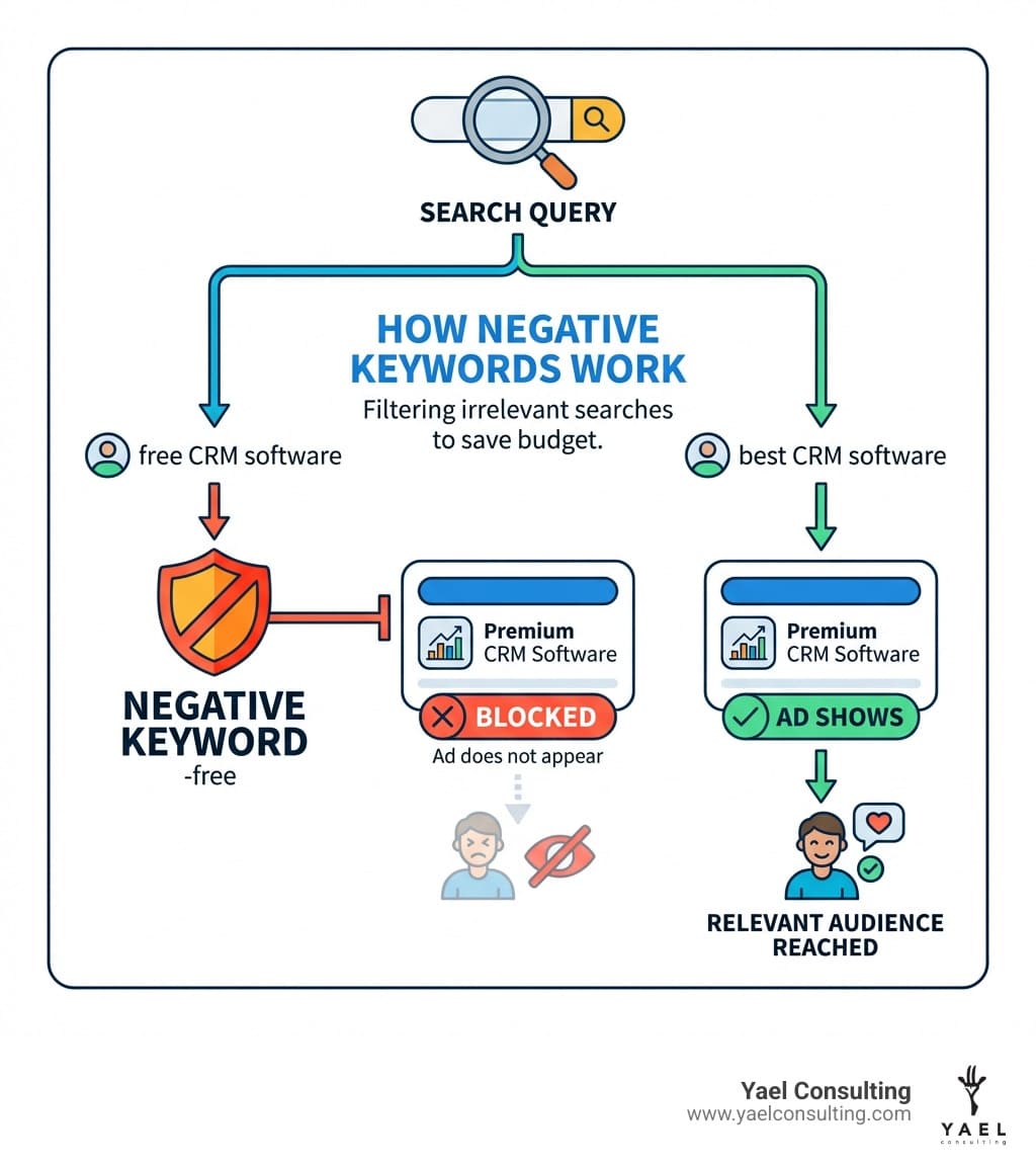 Infographic showing how negative keywords work: A search query "free CRM software" is blocked by the negative keyword "-free" so an ad for "Premium CRM Software" does not appear, while a search for "best CRM software" without the negative keyword trigger allows the ad to show - example of negative keywords infographic