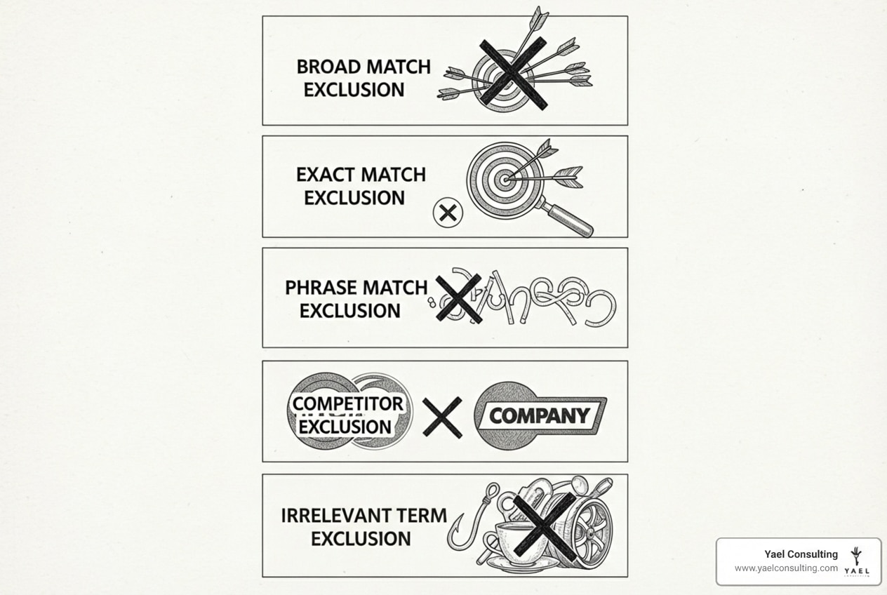 Image of a checklist with different negative keyword categories - example of negative keywords