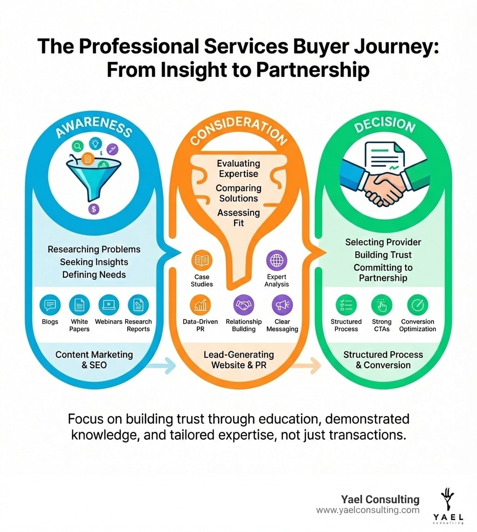 infographic showing professional services buyer journey from awareness through consideration to decision stage - lead generation for professional services infographic