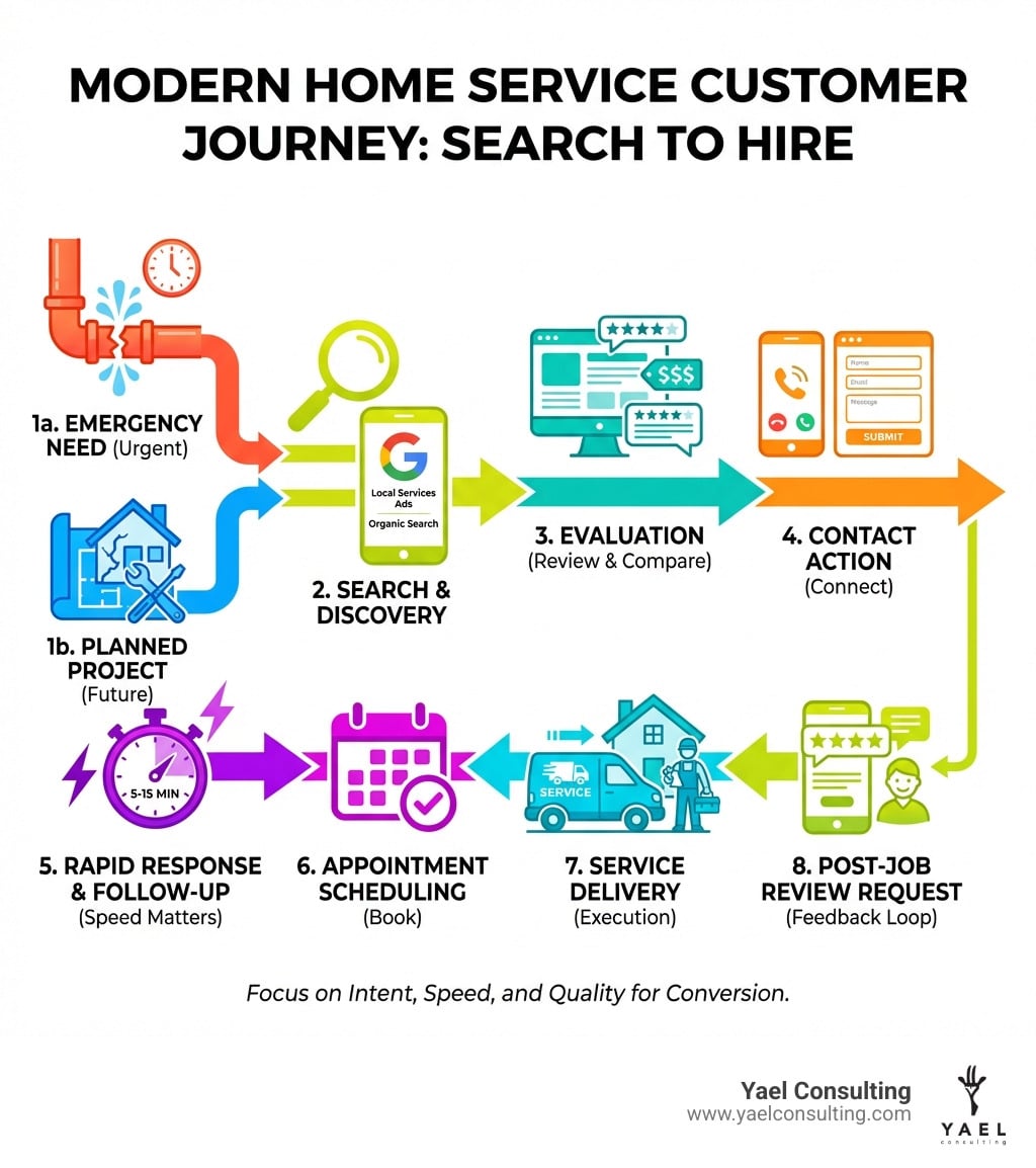Infographic showing the modern home service customer journey from search to hire, including key stages: emergency need or planned project, Google search or local services ad click, website or profile review including reviews and pricing, phone call or form submission, response time and follow-up speed, appointment scheduling, service delivery, and post-job review request - lead generation for home services infographic