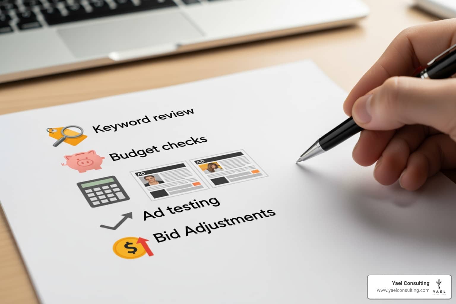 Image of a checklist for Google Ads tasks including keyword review, budget checks, ad testing, and bid adjustments - Adwords campaign optimization