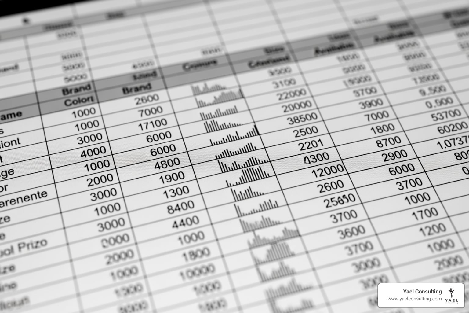 Detailed product feed spreadsheet showing various attributes - Google Shopping Ads agency