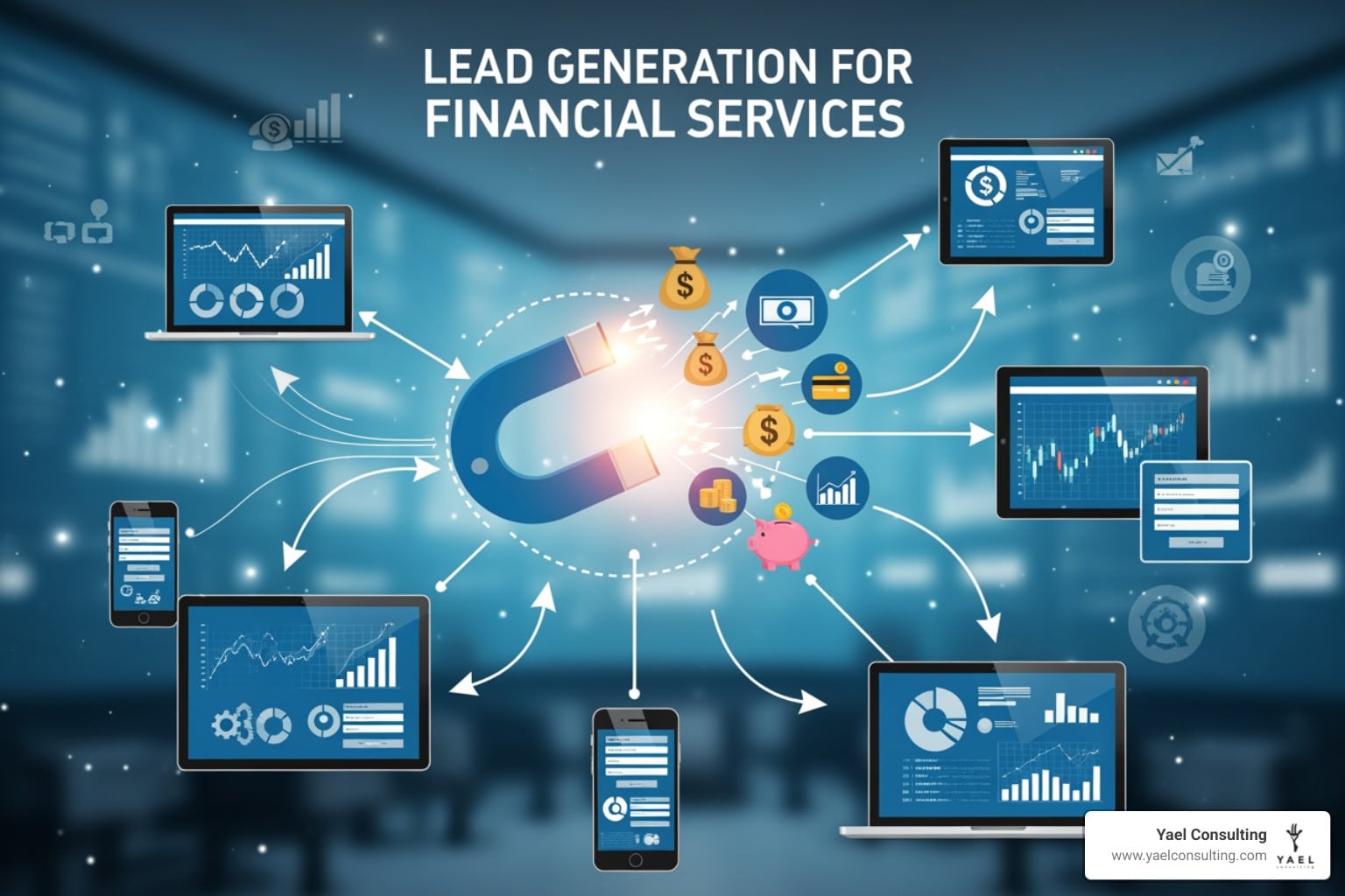 laptop screen showing a financial advisor's professional website, social media profiles, and a blog post - lead generation for financial services