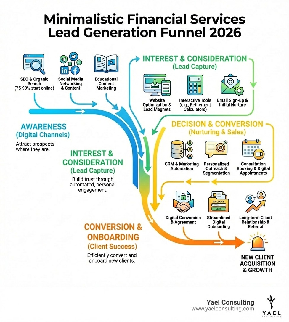 infographic showing the modern financial services lead generation funnel from awareness through digital channels to conversion and client onboarding - lead generation for financial services infographic